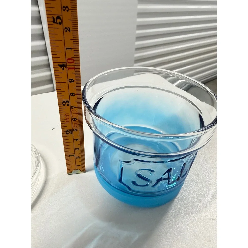 Blue Glass Salt Cellar Jar with Clear Lid and Silicone Base